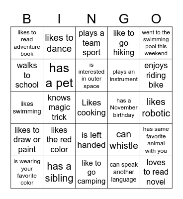 Find classmates Bingo Card