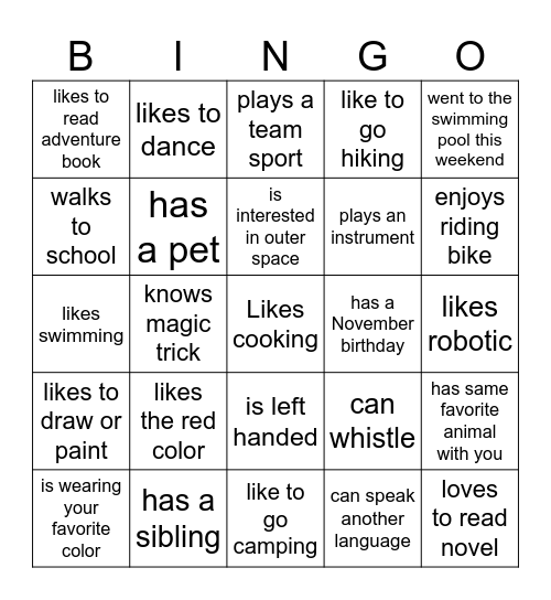 Find classmates Bingo Card