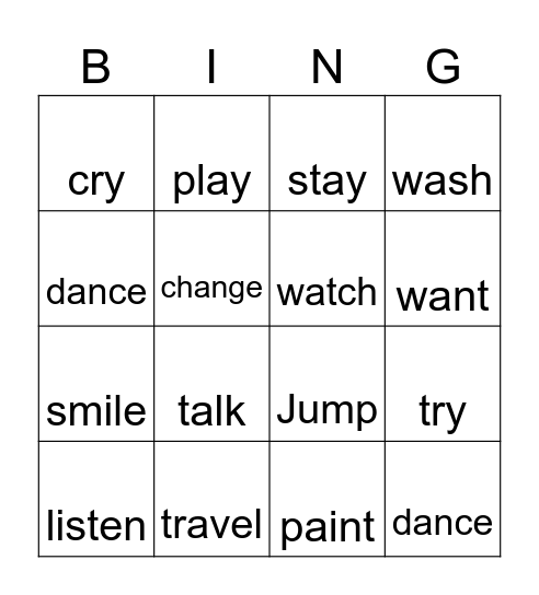 Past Simple Regular Verbs Bingo Card