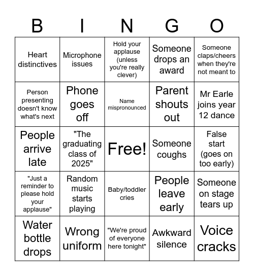 Awards Night Bingo Card