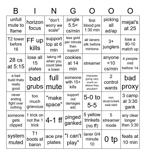 league ranked Bingo Card