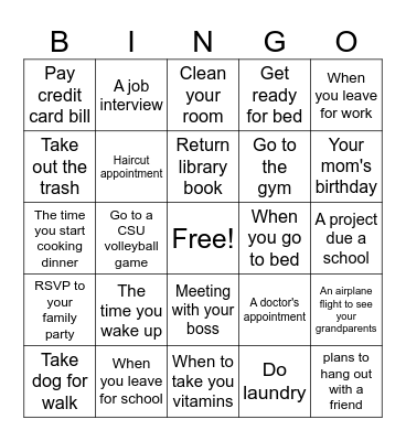 Time Management Bingo Card