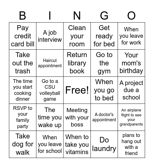 Time Management Bingo Card