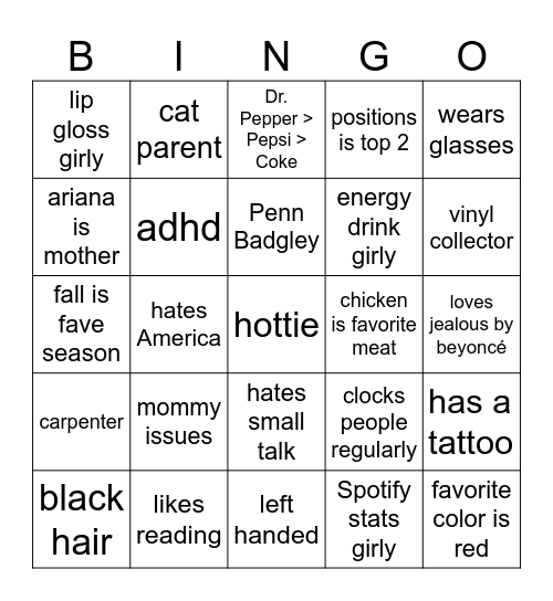 Caroline Bingo Card