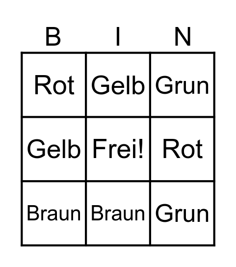 German Color Bingo Card