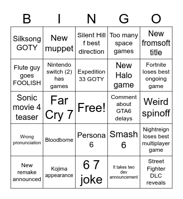 Game Awards 2025 Bingo Card