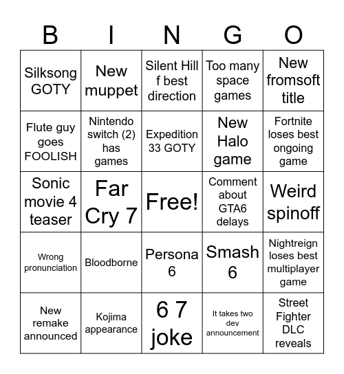 Game Awards 2025 Bingo Card