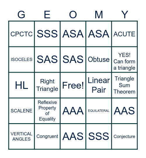 Triangles Congruency Proofs Bingo Card