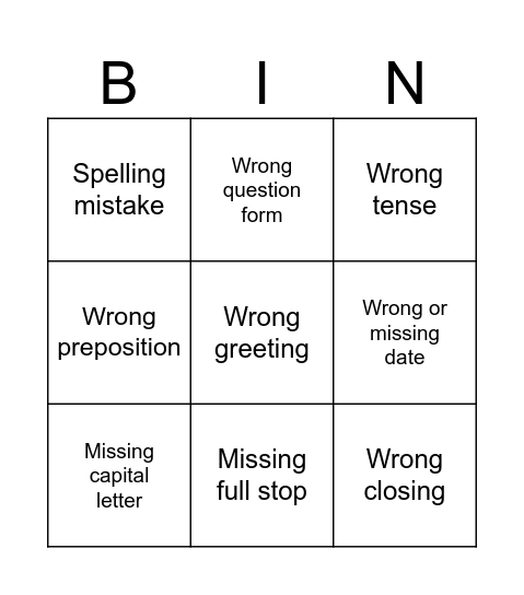 Peer Correction Bingo Card