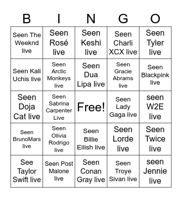 My fav artists Bingo Card