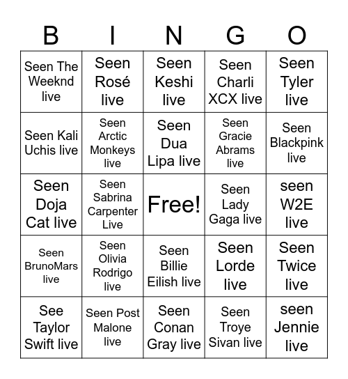 My fav artists Bingo Card