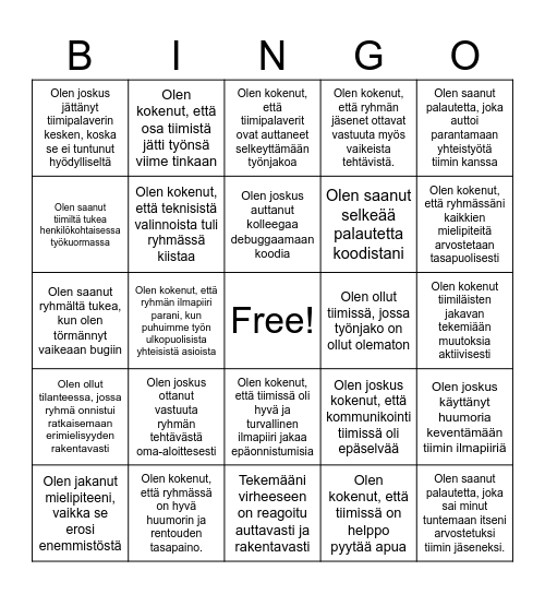 Hyvä ryhmähenki Bingo Card