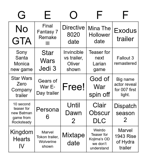 Game Awards 2025 Bingo Card