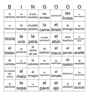 Las comidas y Bebidas Bingo Card