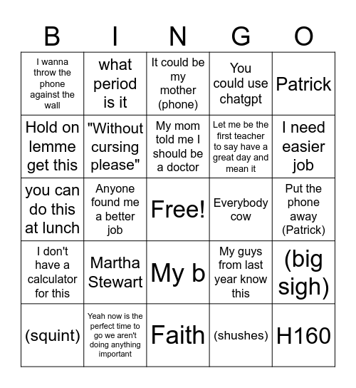 Mr Schornstaedt Bingo Card