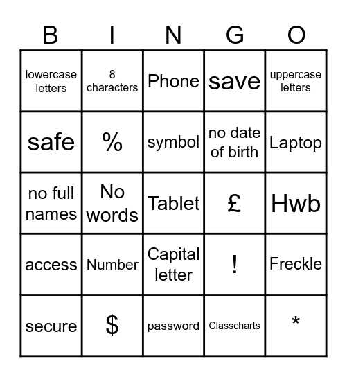 Computer Parts Bingo Card