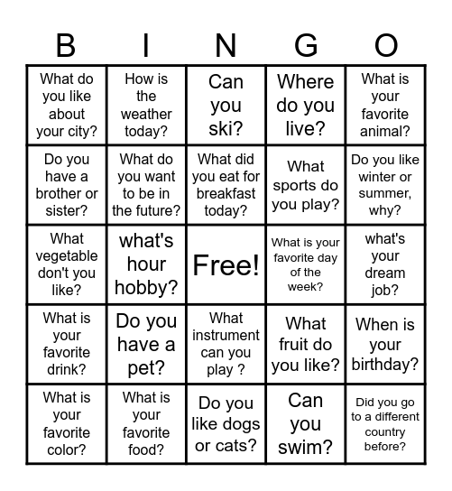 ESL Conversation Bingo Card