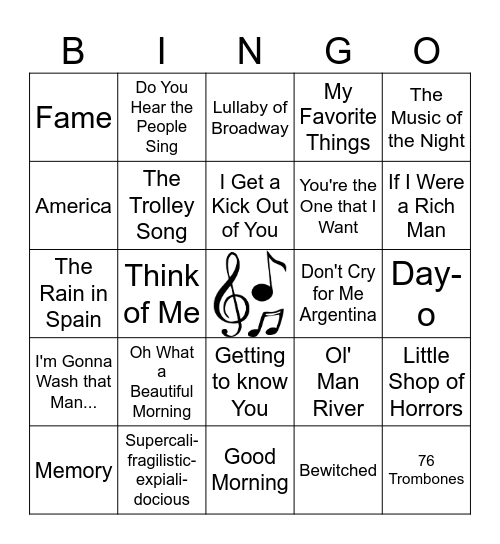 Songs from Musicals Bingo Card