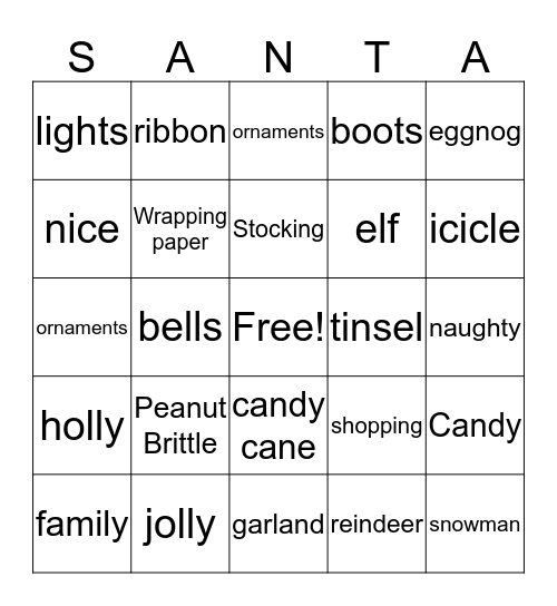 Holiday Bingo Card
