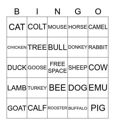 DOWN ON THE FARM Bingo Card