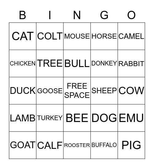 DOWN ON THE FARM Bingo Card