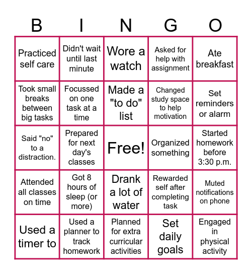 Time Management BINGO Card