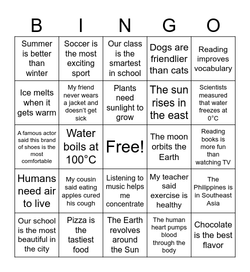 Fact vs. Opinion Bingo Card