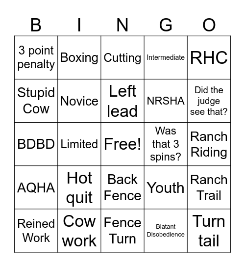 Ranch Horse Bingo Card