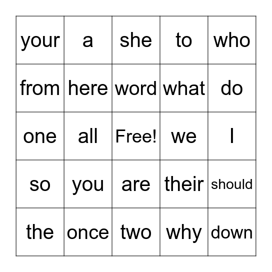 Tricky Word Bingo Card