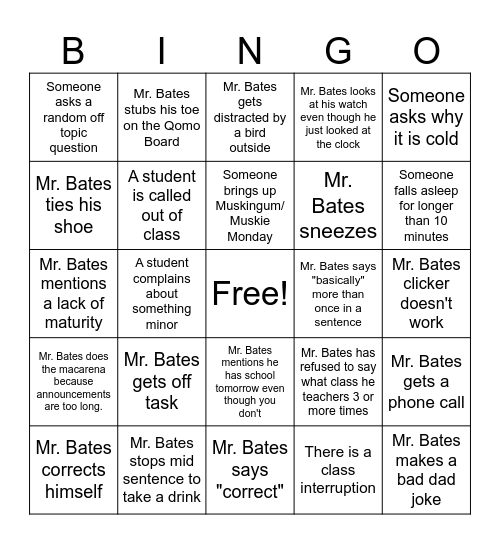 Mr. Bates Class Bingo Card
