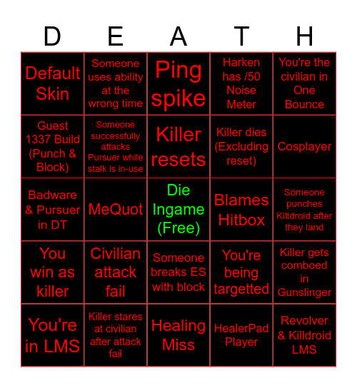 Die of Death Bingo Card