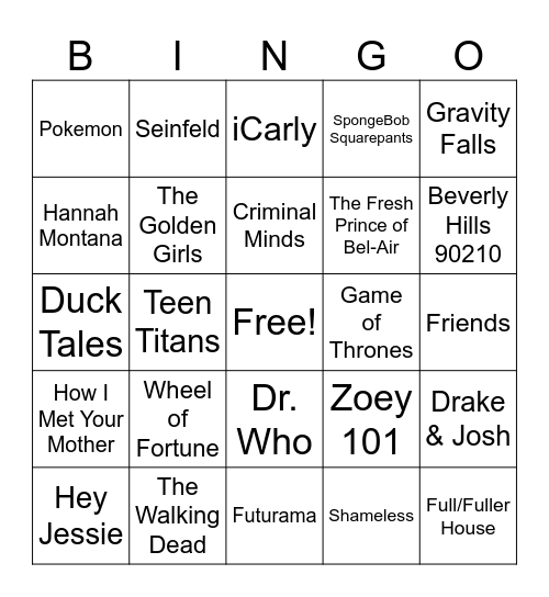 TV Theme Song Bingo Card