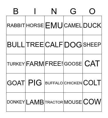 DOWN ON THE FARM Bingo Card