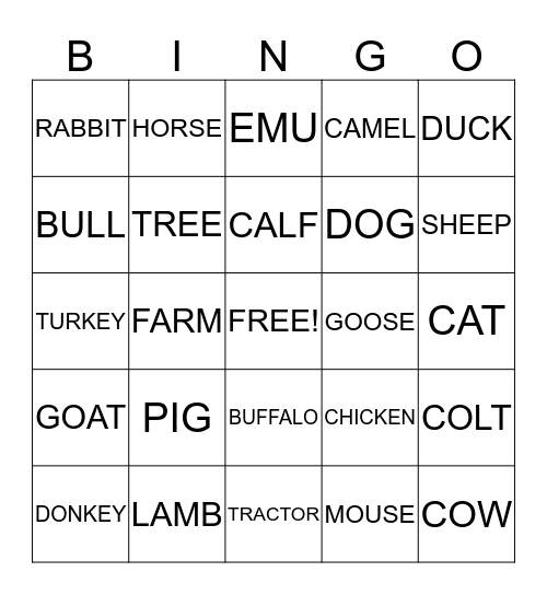 DOWN ON THE FARM Bingo Card