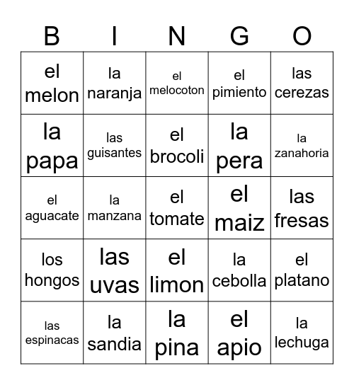 Frutas y Verduras Bingo Card