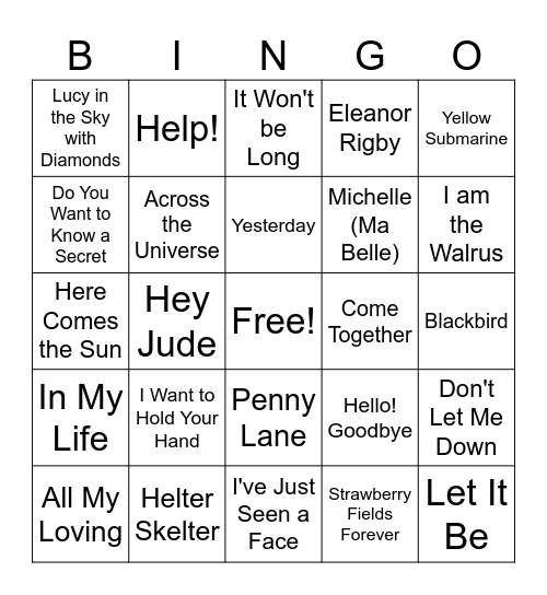 Accross the Universe Bingo Card