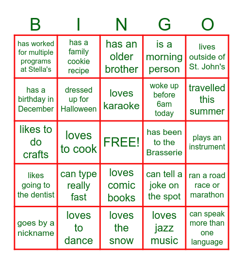 Stella's Circle Holiday Human Bingo 7 Bingo Card