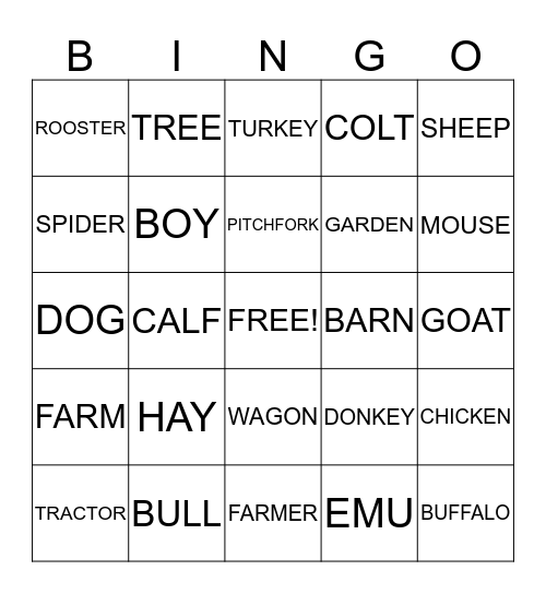 DOWN ON THE FARM Bingo Card