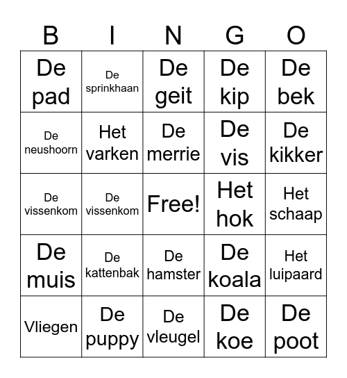 De dieren Bingo Card