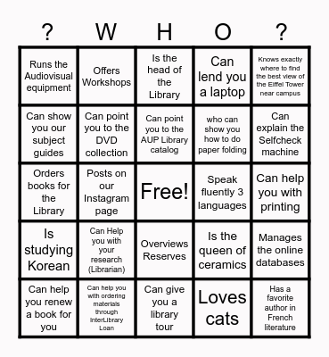 AUP Library Orientation Spring 26 Bingo Card
