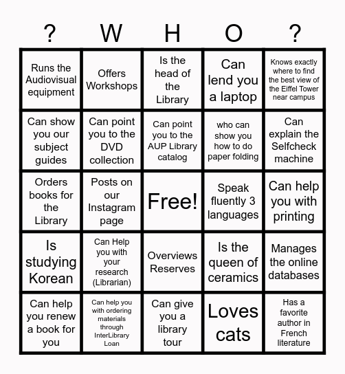 AUP Library Orientation Spring 26 Bingo Card
