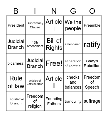 U.S. Constitution Bingo Card