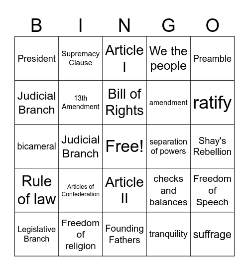 U.S. Constitution Bingo Card