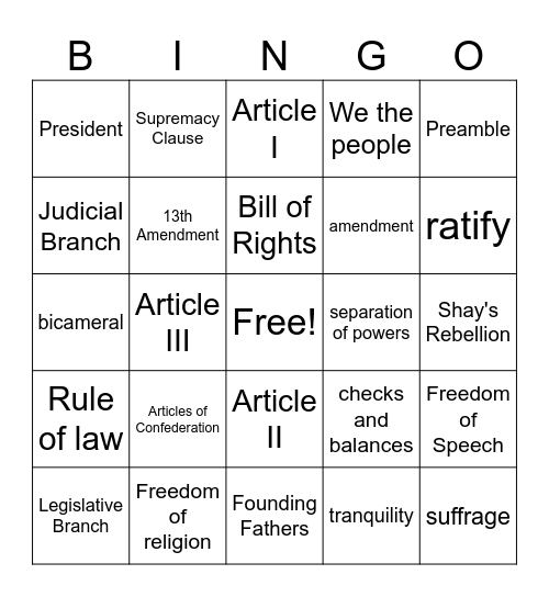U.S. Constitution Bingo Card
