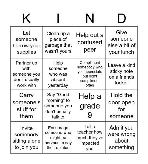 Kindness Bingo Card
