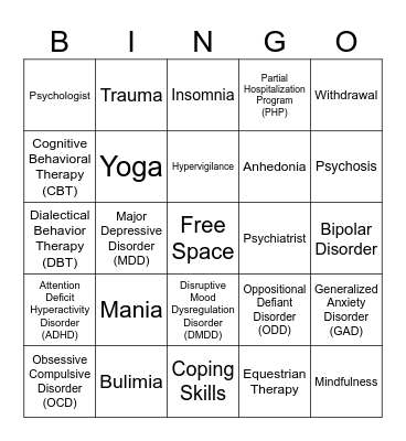 Psychoeducation Bingo Card