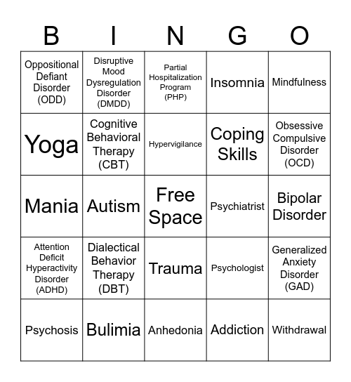 Psychoeducation Bingo Card