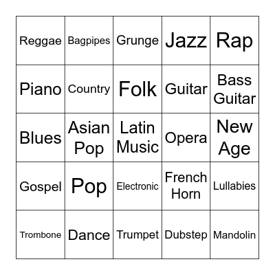 Music and Instruments Bingo Card