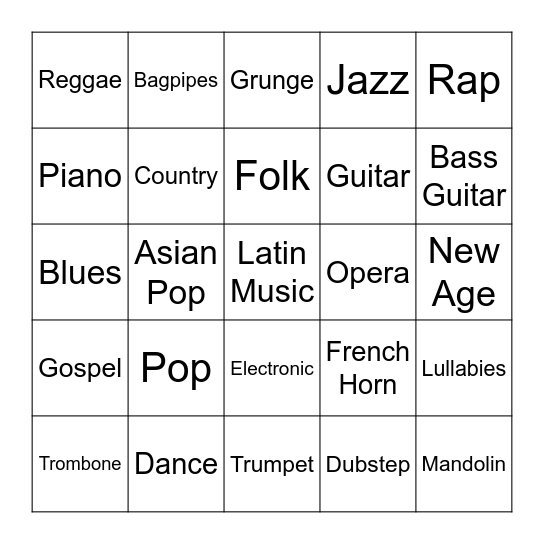 Music and Instruments Bingo Card