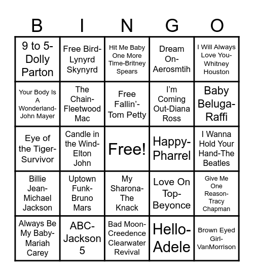 Name That Tune! Adult Mix 1 Bingo Card
